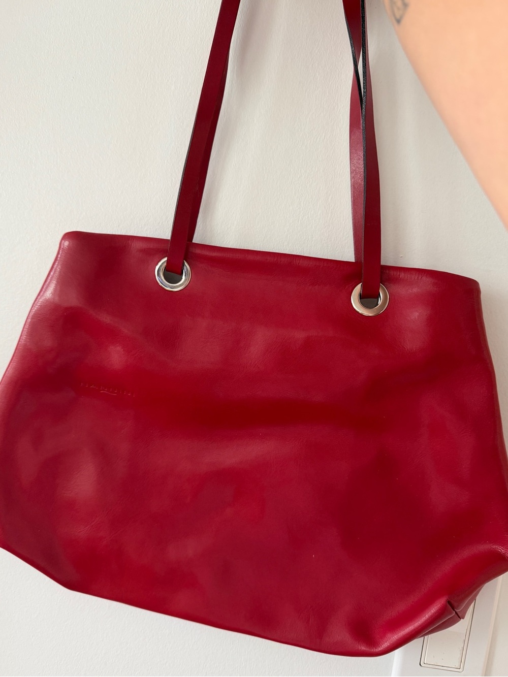 Red Leather Shoulder Tote Bag